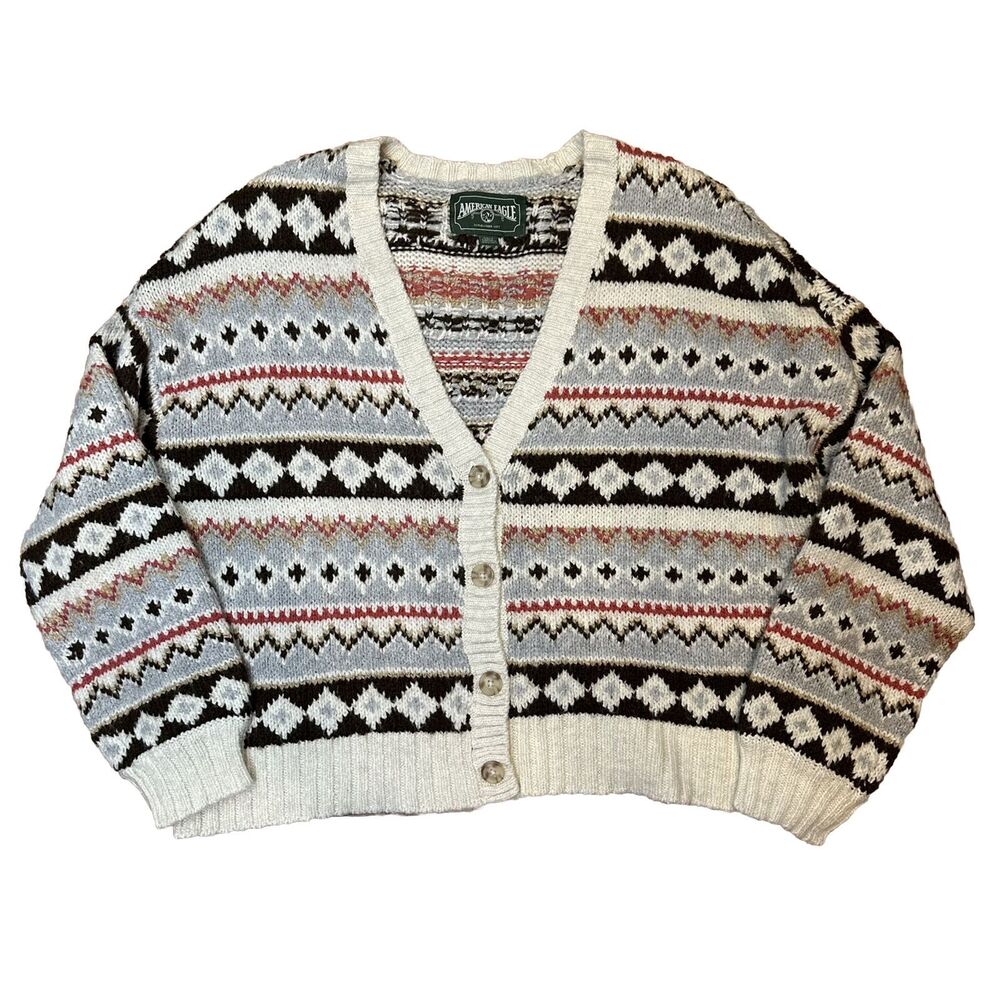 American Eagle Medium Cardigan Sweater Soft Cozy Oversized Relaxed Fair Isle AE
